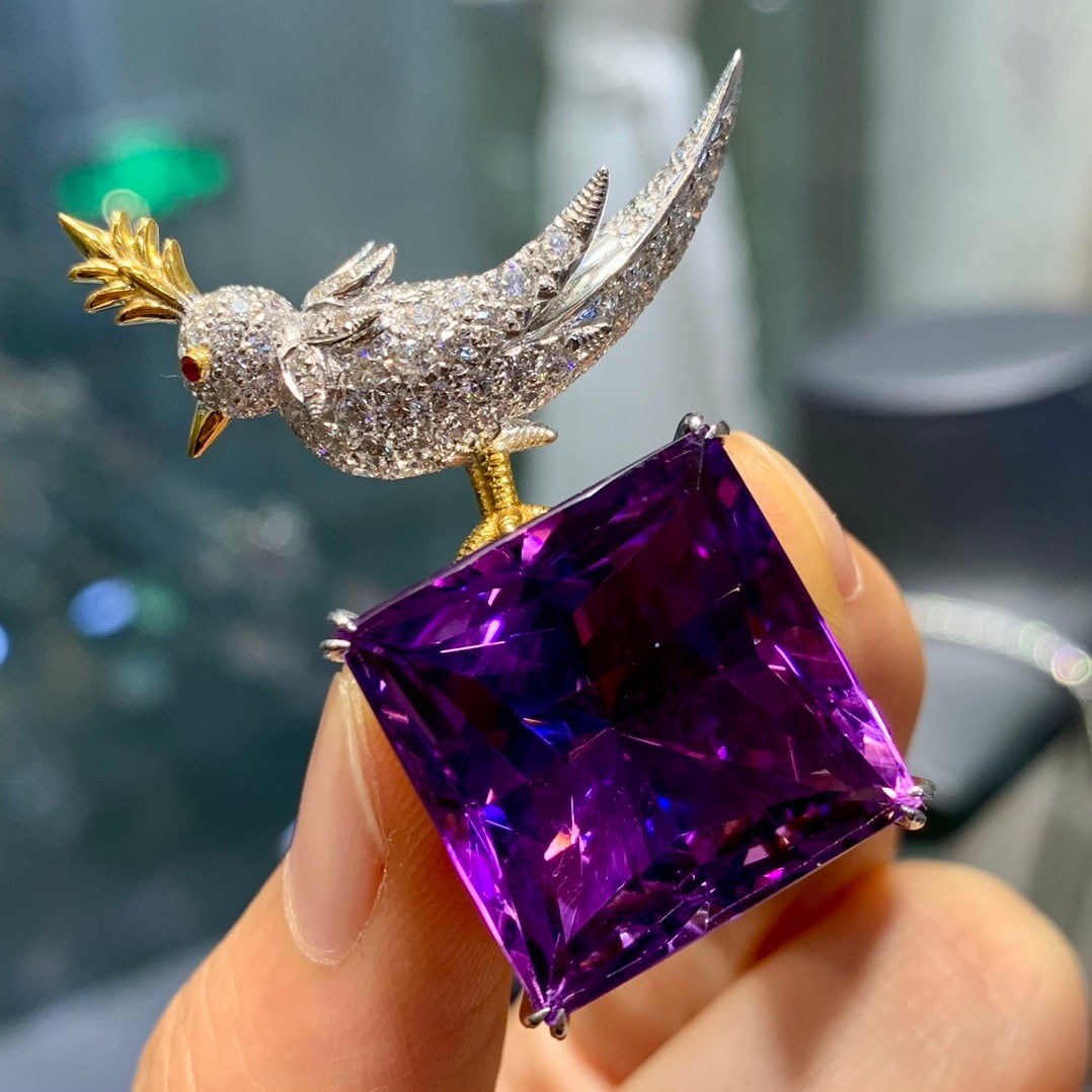 14k Gold 24.68 Ctw Natural Amethyst & Diamond Brooch/pendant( Without Chain ) - 3