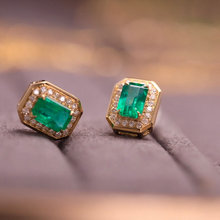 14k Gold 1.20 Ct Natural Emerald & Diamond Earrings - 5