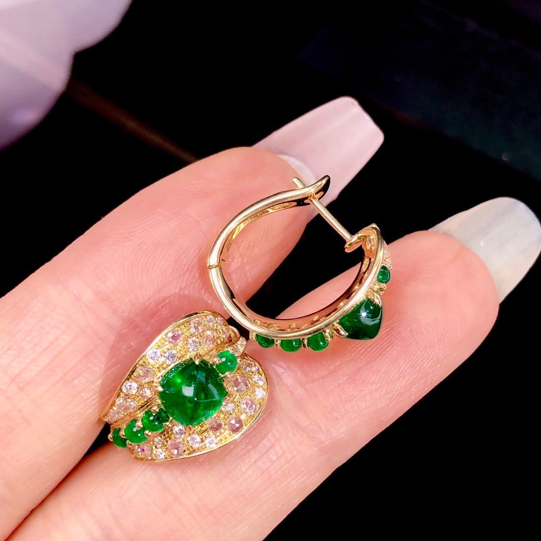 14k Gold 2.85 Ctw Vivid Green Natural Emerald & Diamond Earrings - 3