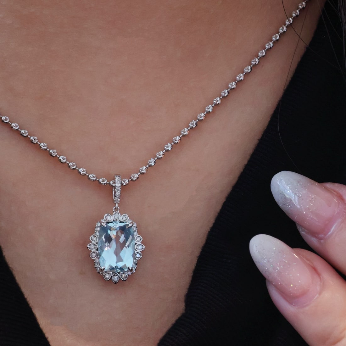 14k Gold 2.4 Ct Natural Aquamarine & Diamond Pendant( Without Chain ) - 5