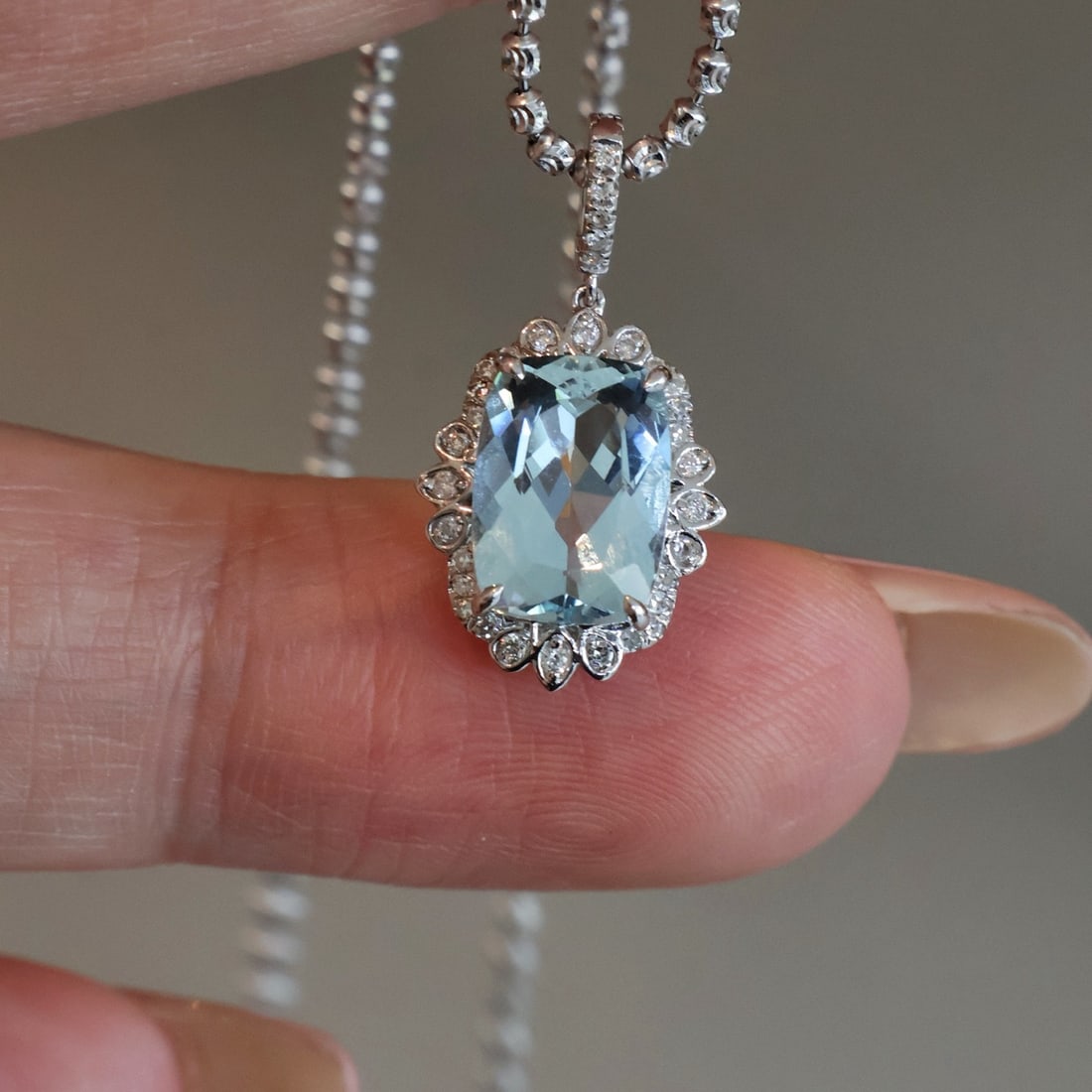 14k Gold 2.4 Ct Natural Aquamarine & Diamond Pendant( Without Chain ) - 6