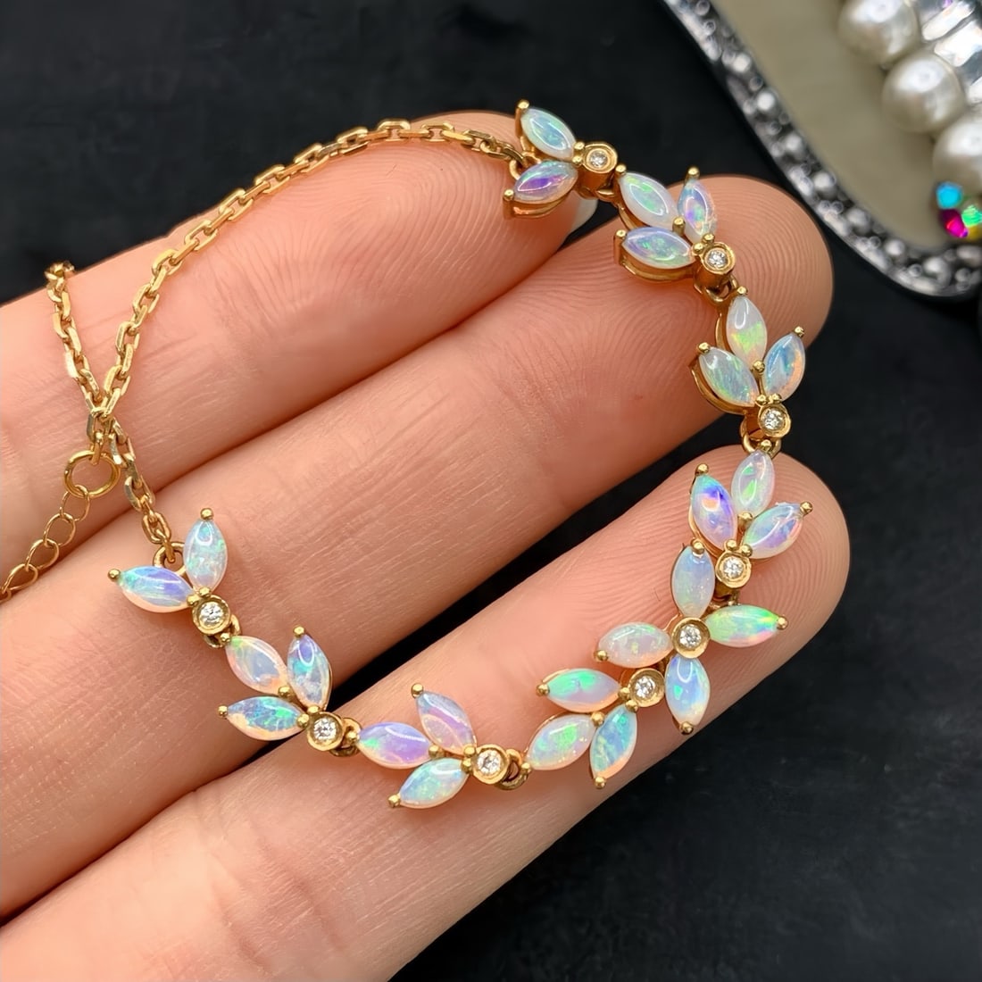 14k Gold 2.30 Ctw Natural Opal & Diamond Bracelet - 2