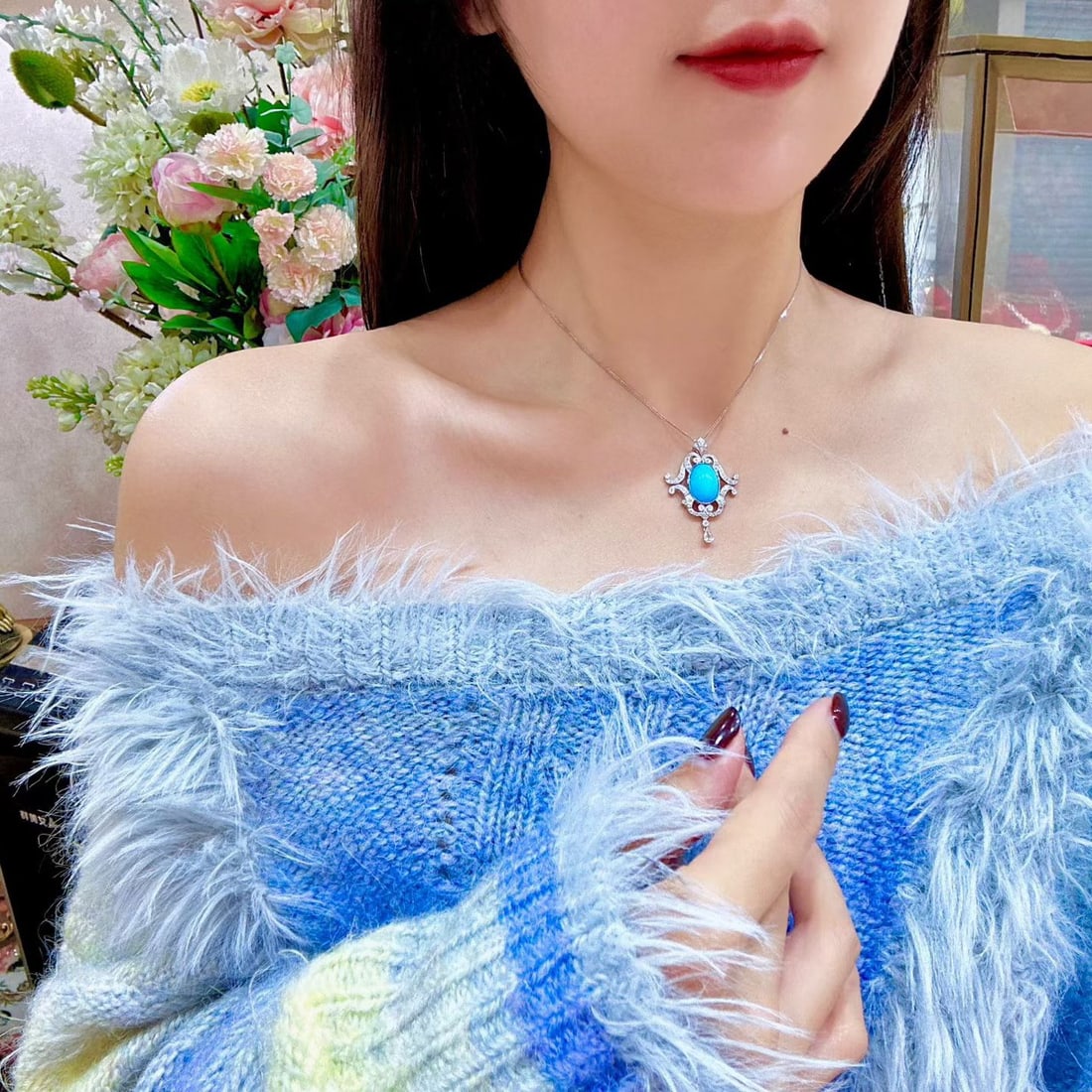 14k Gold 5.56 Ctw Natural Blue Turquoise & Diamond Pendant( Without Chain ) - 2