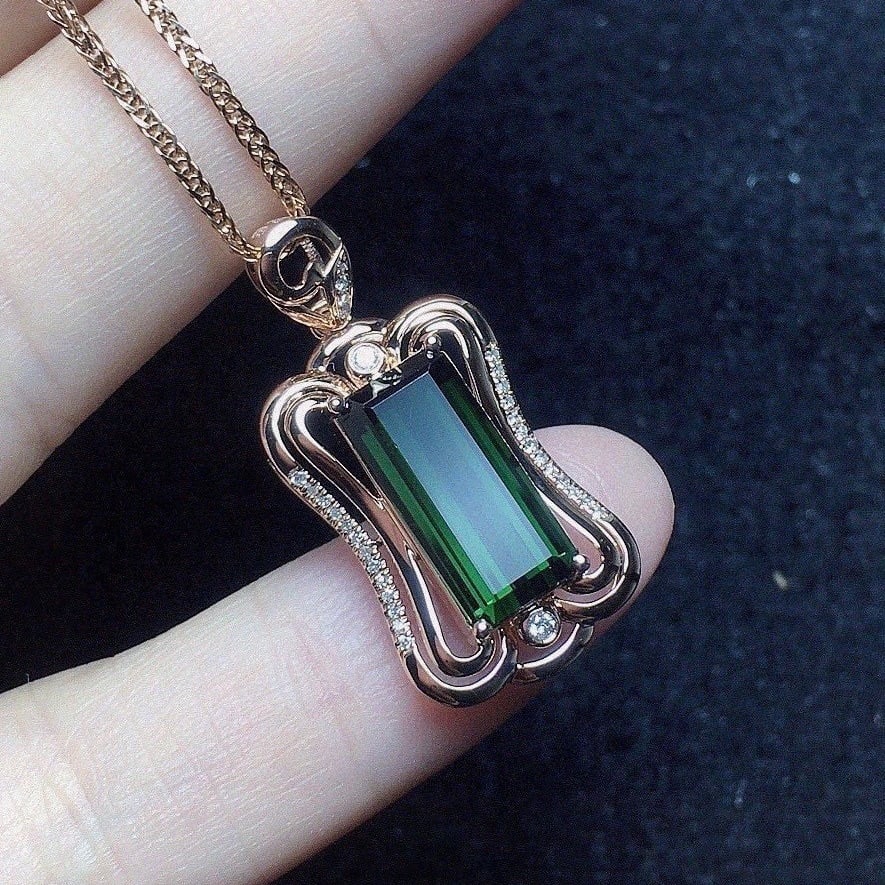 14k Gold 3.86 Ct Natural Tourmaline & Diamond Pendant( Without Chain ) - 2