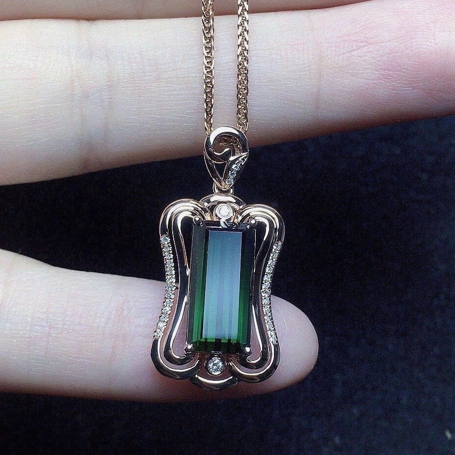 14k Gold 3.86 Ct Natural Tourmaline & Diamond Pendant( Without Chain ) - 3