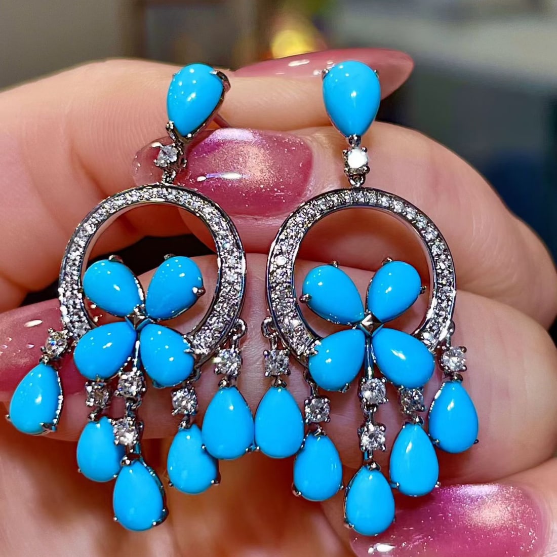 14k Gold 8.98 Ctw Natural Blue Turquoise & Diamond Earrings - 4