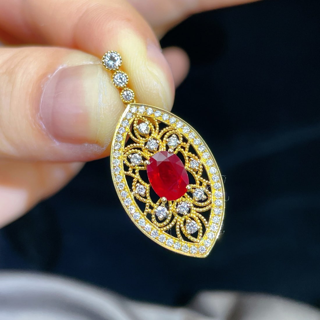 14k Gold 1.48 Ctw Vivid Red Natural Ruby & Diamond Pendant( Without Chain ) - 2