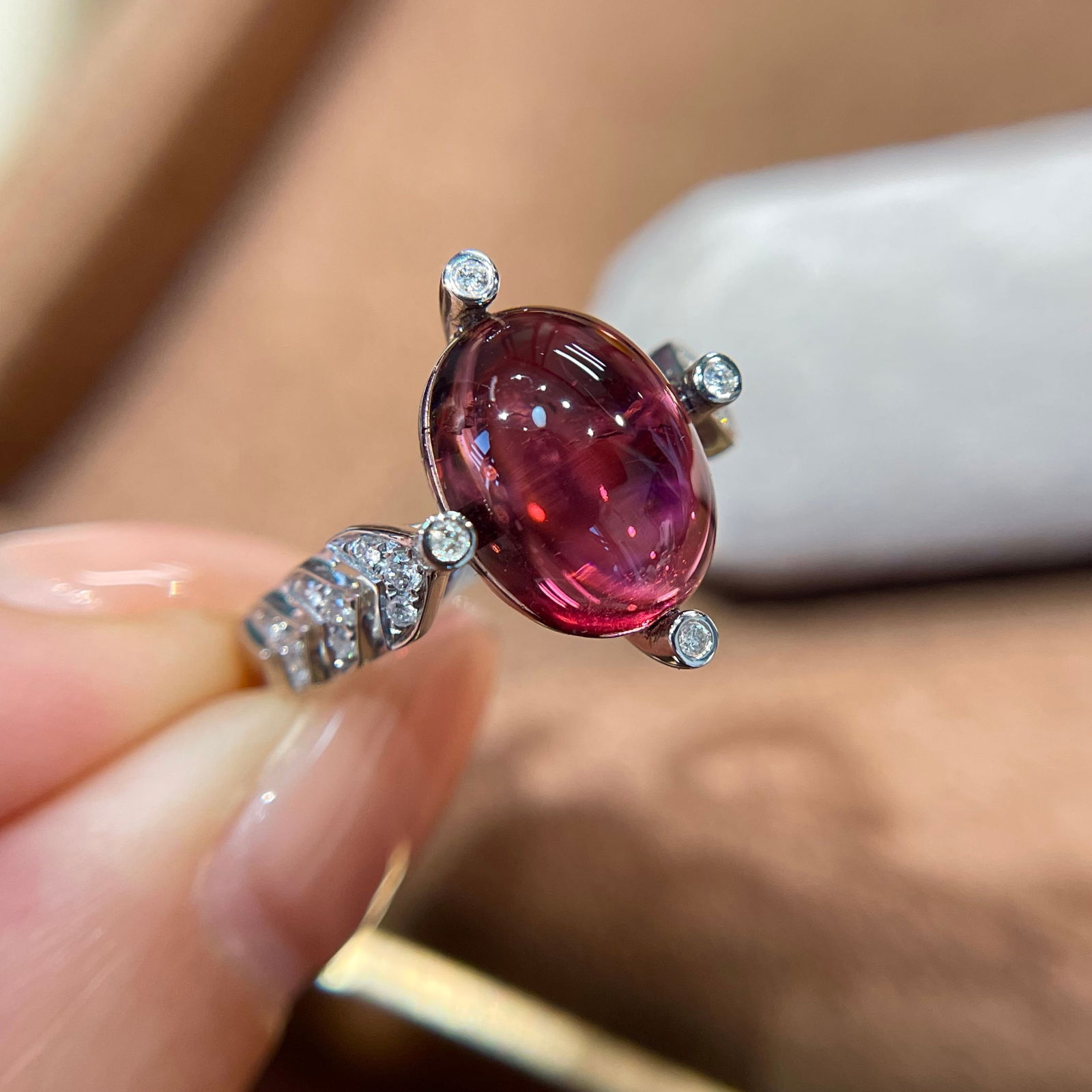 14k Gold 3.3 Ct Natural Tourmaline & Diamond Ring: Ref:231120446 // gold content:14k gold // ring size:7. 25us // // main gemstone:tourmaline // shape:oval // carat weight:3. 3ct // color:red // treatment:natural // // adjacent gemstone 2 :