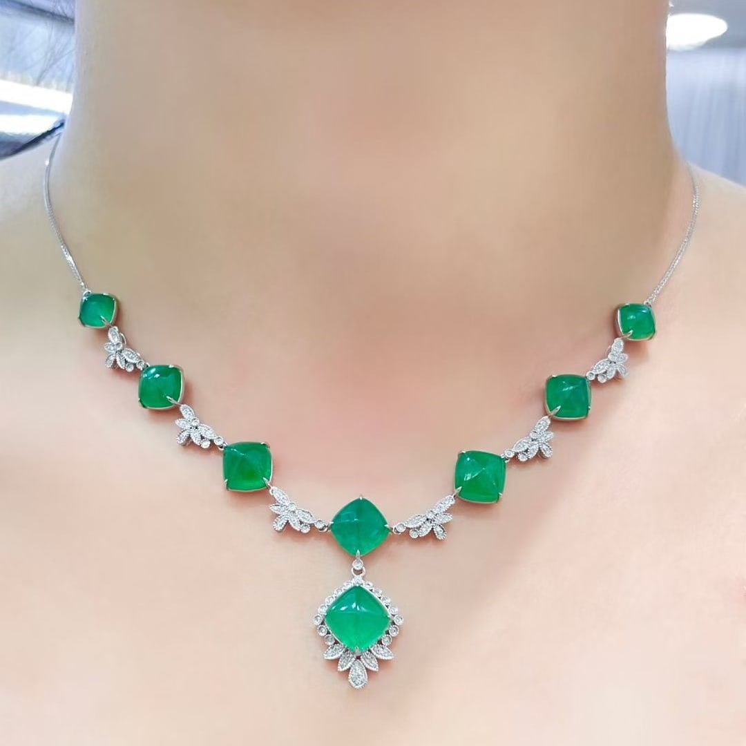 14k Gold 18.88 Ct Natural Emerald & Diamond Necklace - 6