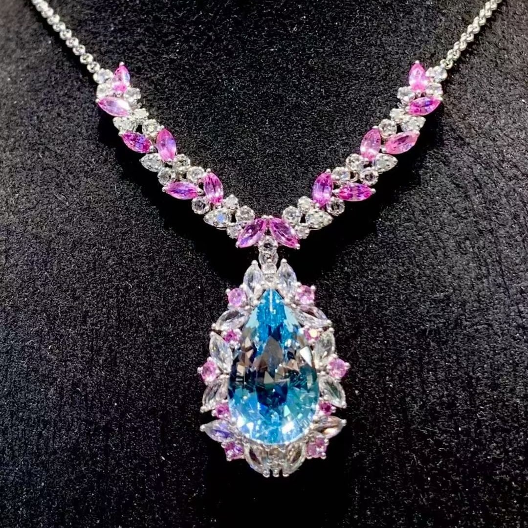 14k Gold 5.29 Ct Natural Aquamarine & Coloured Gemstone Necklace - 2