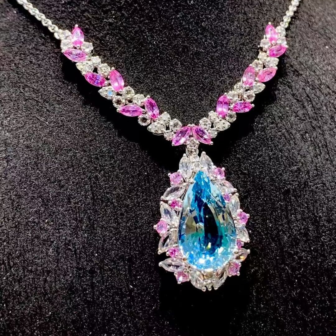 14k Gold 5.29 Ct Natural Aquamarine & Coloured Gemstone Necklace - 4