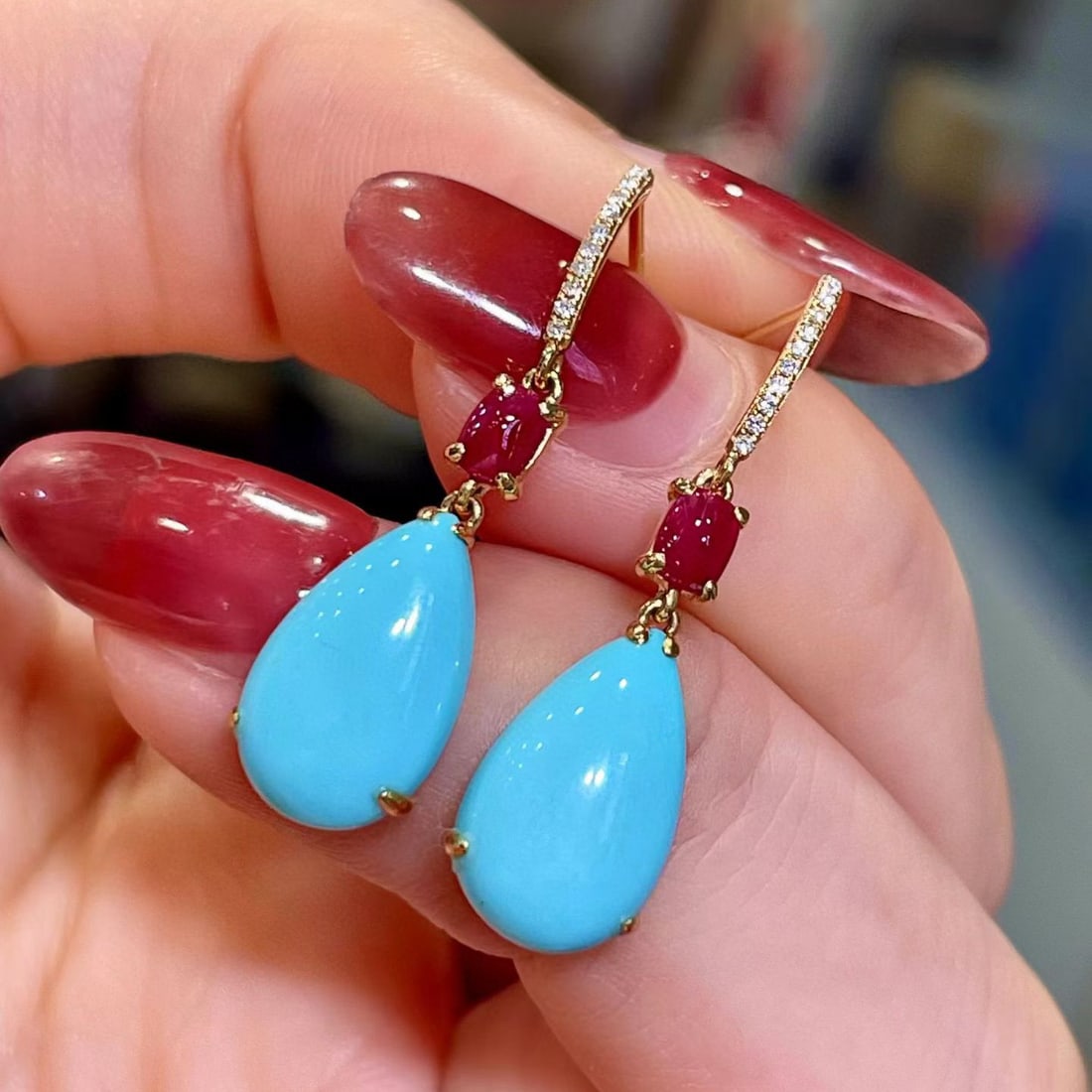 14k Gold 5.41 Ctw Natural Blue Turquoise & Ruby Earrings - 3