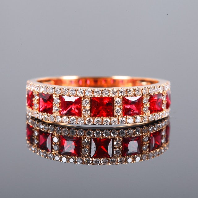 14k Gold 1.46 Ctw Natural Ruby & Diamond Ring: Ref:231117029 // gold content:14k gold // ring size:7. 25us // // main gemstone:ruby // shape:princess // carat weight:1. 1ct // color:red // treatment:natural // // adjacent gemstone 2 : diamond // n