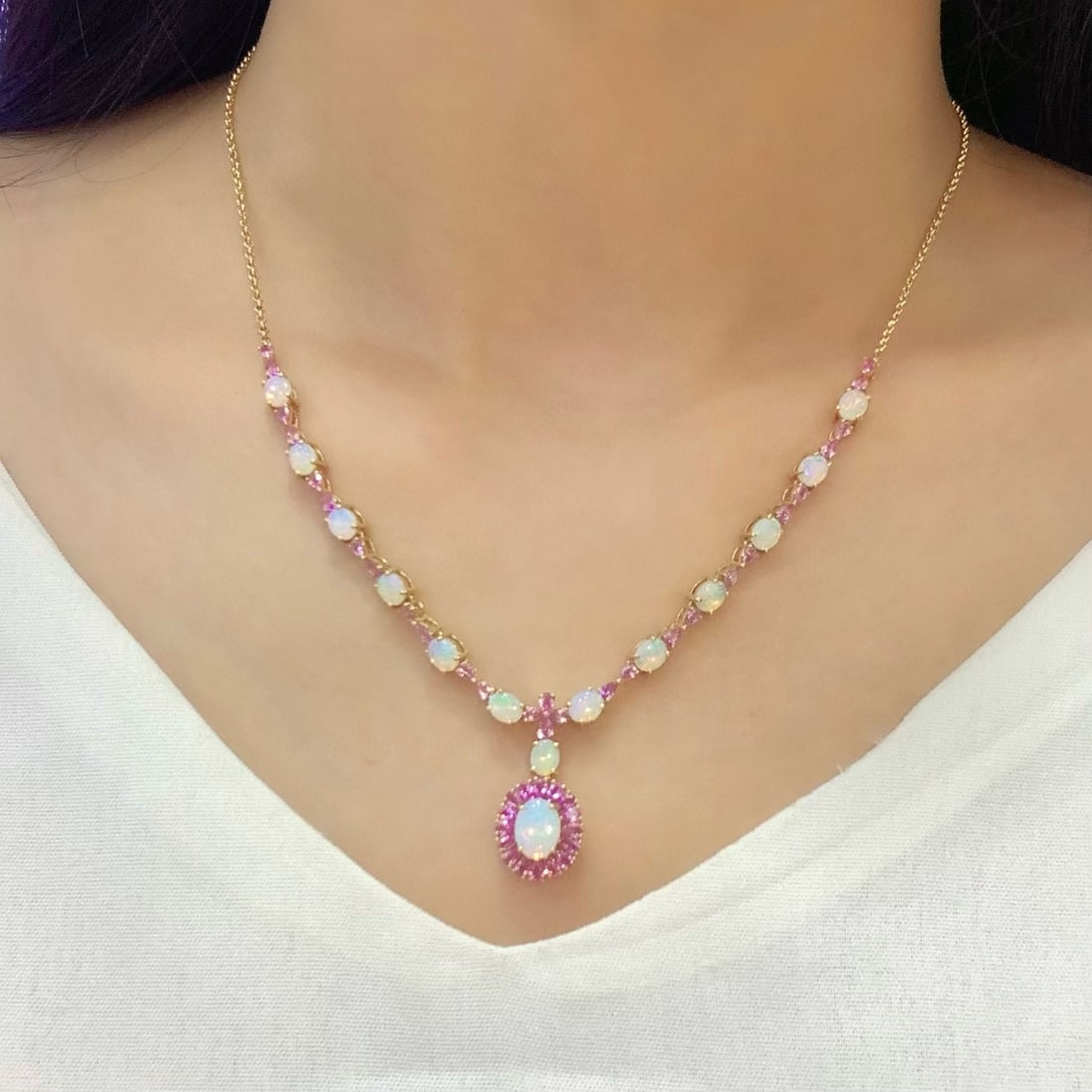 14k Gold 6.45 Ctw Natural Opal & Sapphire Necklace - 4