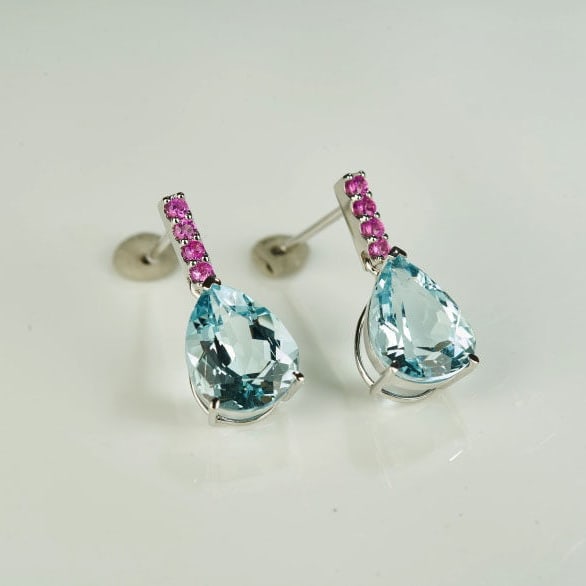 14k Gold 3.89 Ct Natural Aquamarine & Sapphire Earrings - 3