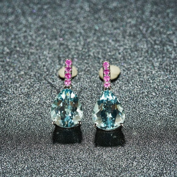 14k Gold 3.89 Ct Natural Aquamarine & Sapphire Earrings - 4