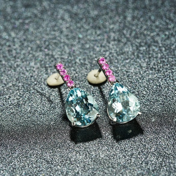 14k Gold 3.89 Ct Natural Aquamarine & Sapphire Earrings - 5