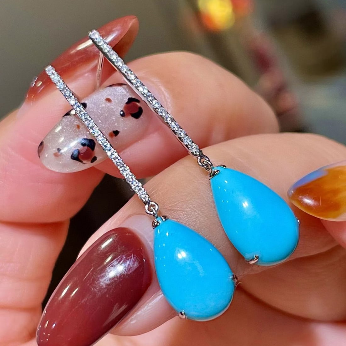 14k Gold 5.95 Ctw Natural Blue Turquoise & Diamond Earrings - 2