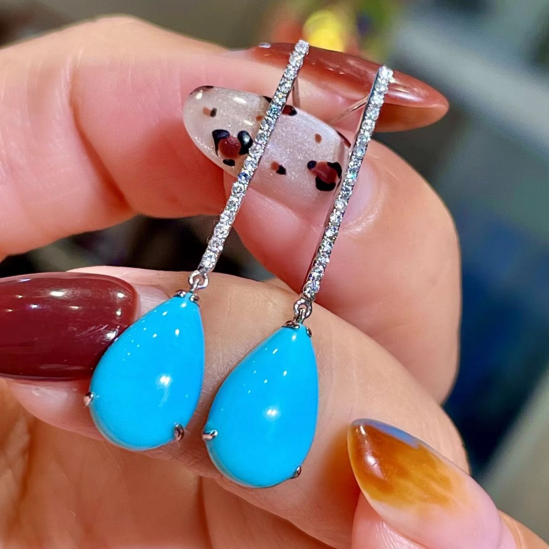 14k Gold 5.95 Ctw Natural Blue Turquoise & Diamond Earrings - 3