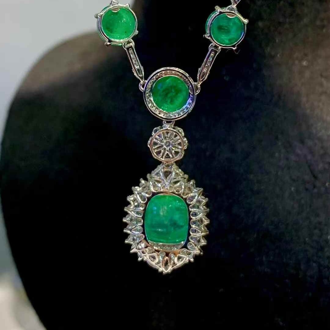 14k Gold 14.5 Ct Natural Emerald & Diamond & Sapphire Necklace - 5
