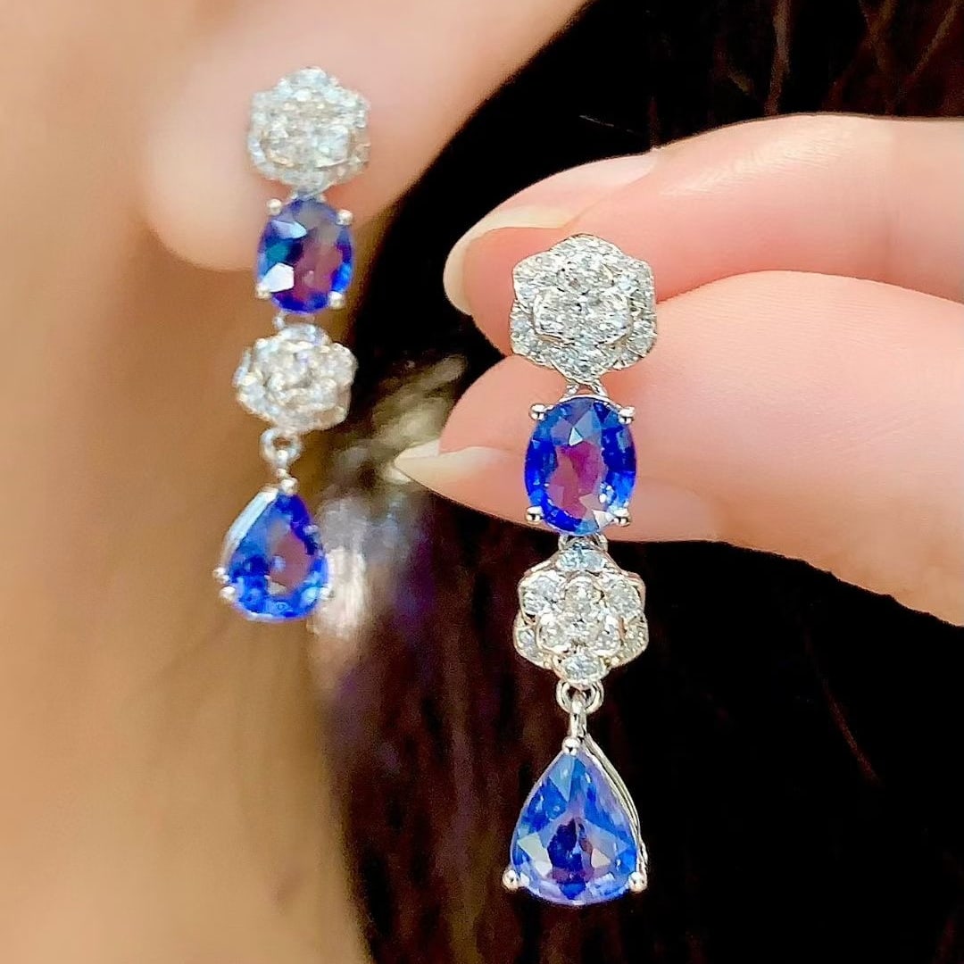 14k Gold 3.5 Ct Natural Sapphire & Diamond Earrings - 2