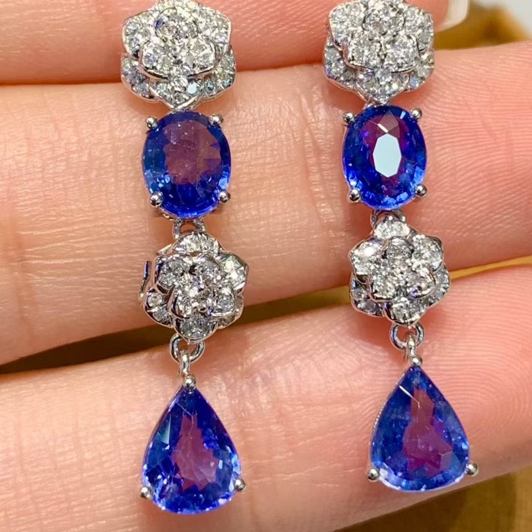 14k Gold 3.5 Ct Natural Sapphire & Diamond Earrings - 4