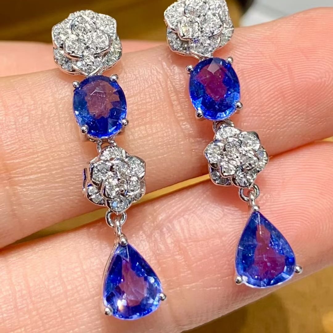 14k Gold 3.5 Ct Natural Sapphire & Diamond Earrings - 5
