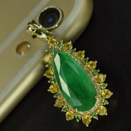 14k Gold 3.32 Ctw Natural Emerald & Diamond & Tsavorite Pendant( Without Chain ) - 5