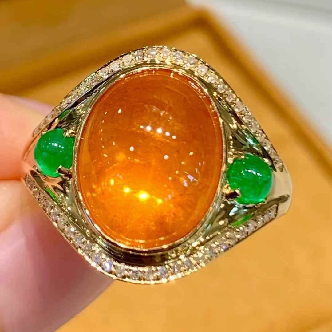 14k Gold 8.2 Ct Natural Spessartine & Emerald & Diamond Ring: Ref:231117096 // gold content:14k gold // ring size:7. 25us // // main gemstone:spessartine // shape:oval // carat weight:8. 2ct // color:orange // treatment:natural // // adjacent gemstone 2 :