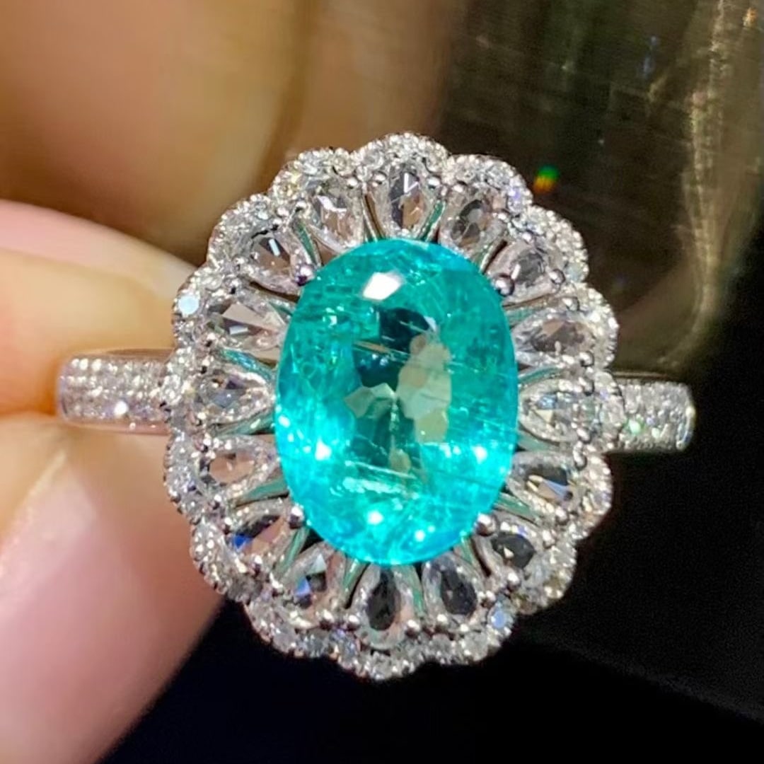 14k Gold 1.8 Ct Natural Paraiba Tourmaline & Diamond & Sapphire Ring - 2
