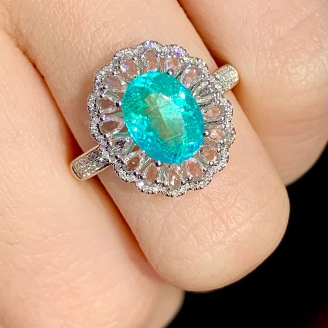 14k Gold 1.8 Ct Natural Paraiba Tourmaline & Diamond & Sapphire Ring - 4