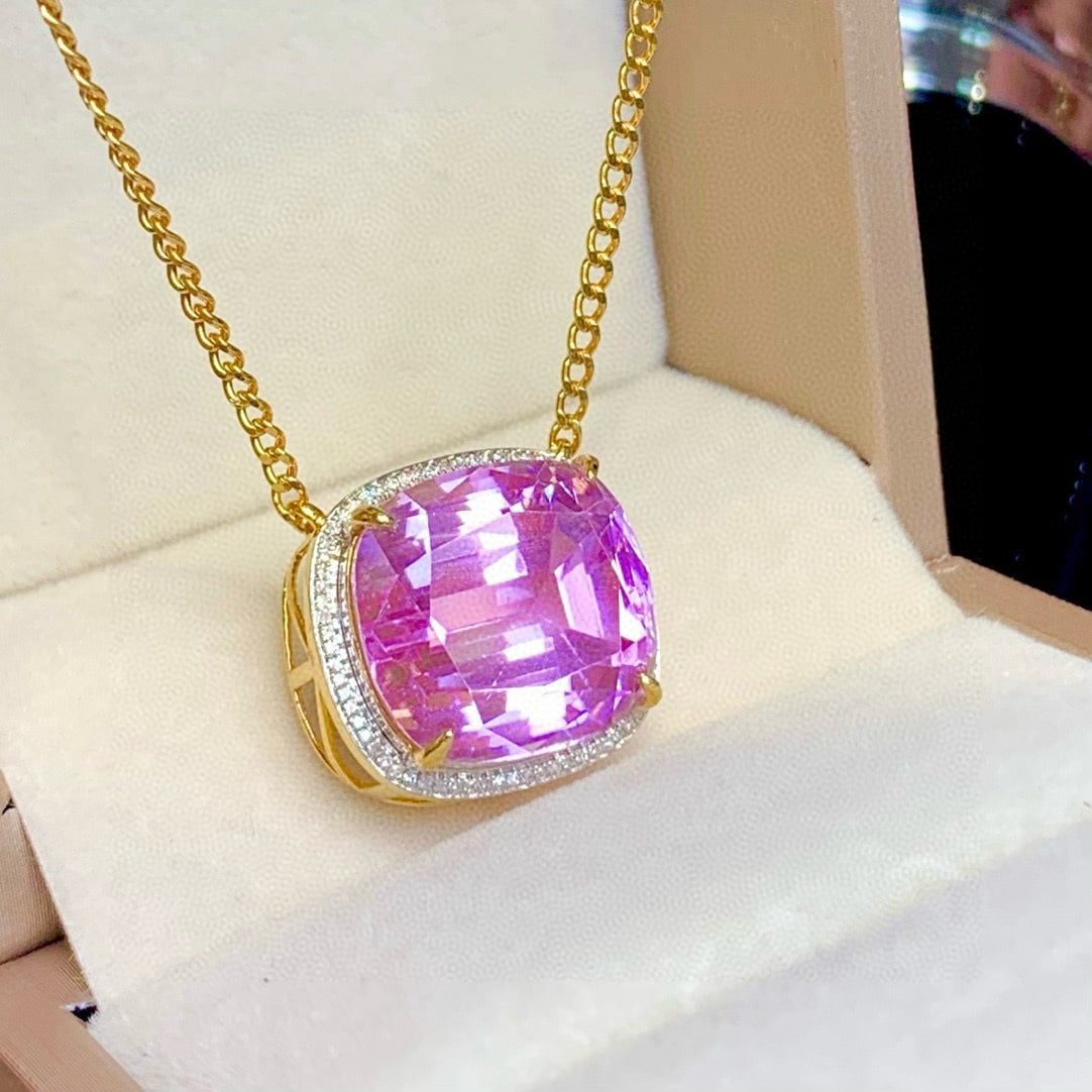 14k Gold 20.2 Ct Natural Kunzite & Diamond Necklace - 6