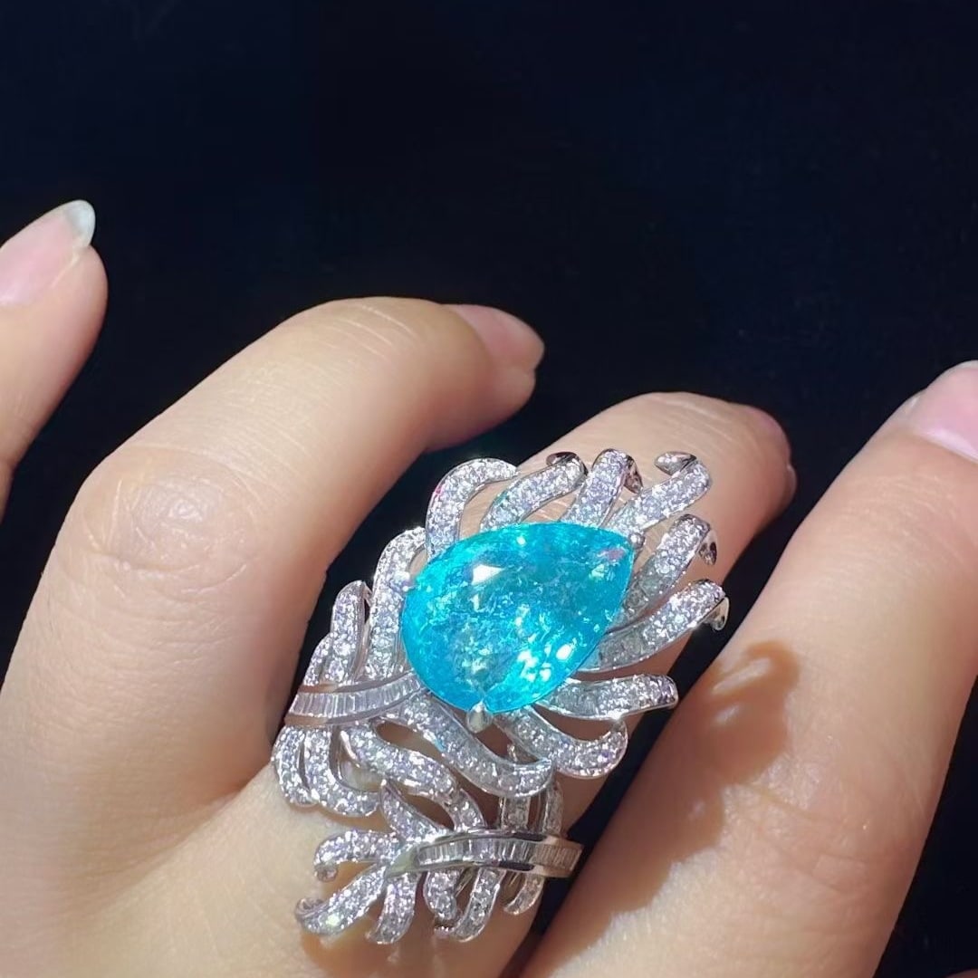 14k Gold 6.43 Ctw Natural Paraiba Tourmaline & Diamond Ring - 4