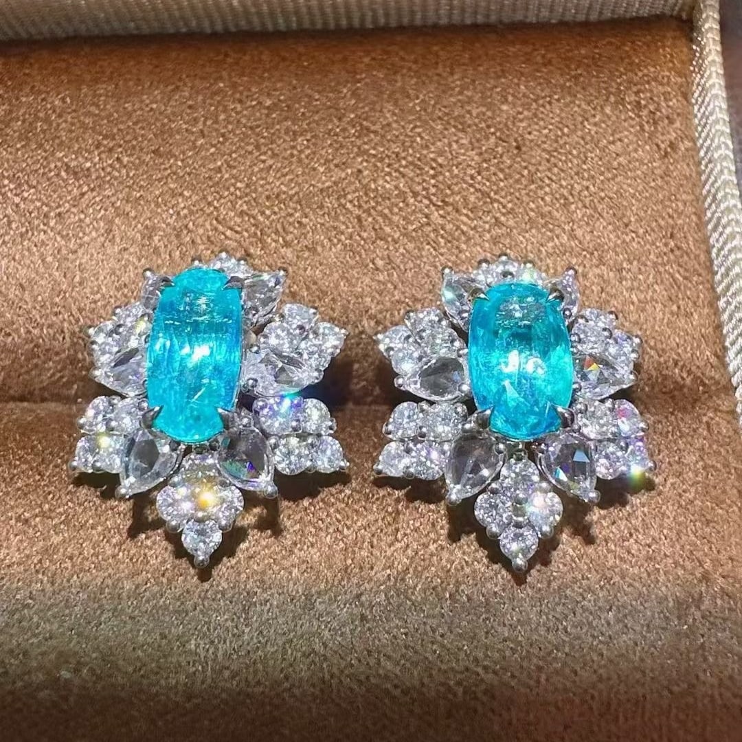 14k Gold 3.99 Ctw Natural Paraiba Tourmaline & Diamond Earrings - 2