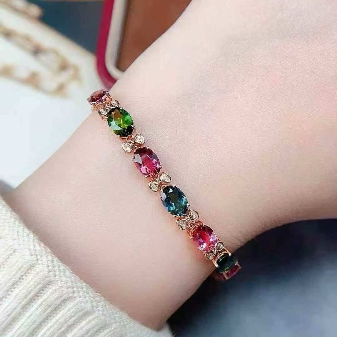 14k Gold 5 Ct Natural Tourmaline & Diamond Bracelet - 5