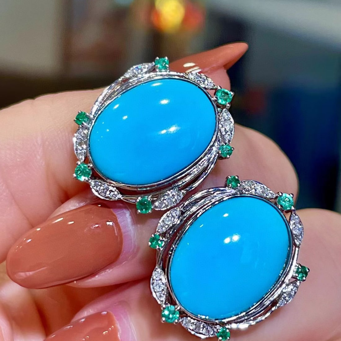 14k Gold 9.37 Ctw Natural Blue Turquoise & Emerald Earrings - 2