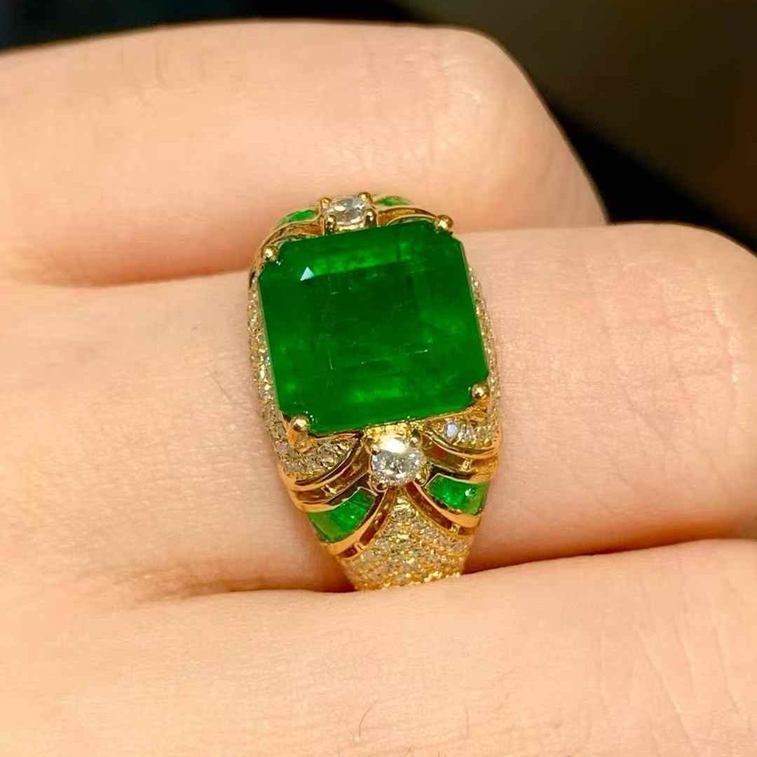 14k Gold 3.23 Ct Vivid Green Natural Emerald & Diamond Ring - 6