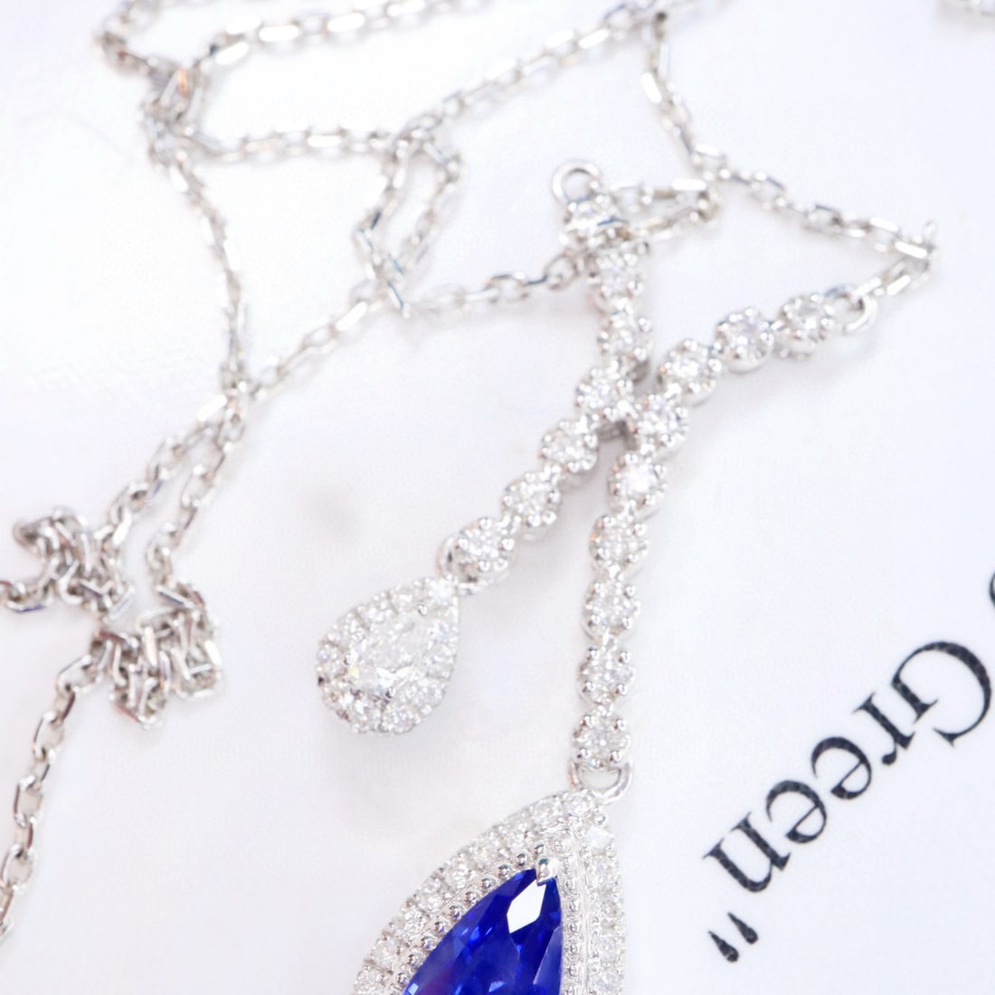 14k Gold 1.49 Ctw Vivid Blue Natural Sapphire & Diamond Necklace: Ref:231117165 // gold content:14k gold // main gemstone:sapphire // shape:pear // carat weight:1. 14ct // color:vivid blue // treatment:natural // // adjacent gemstone 2 : diamond // shape:multiple