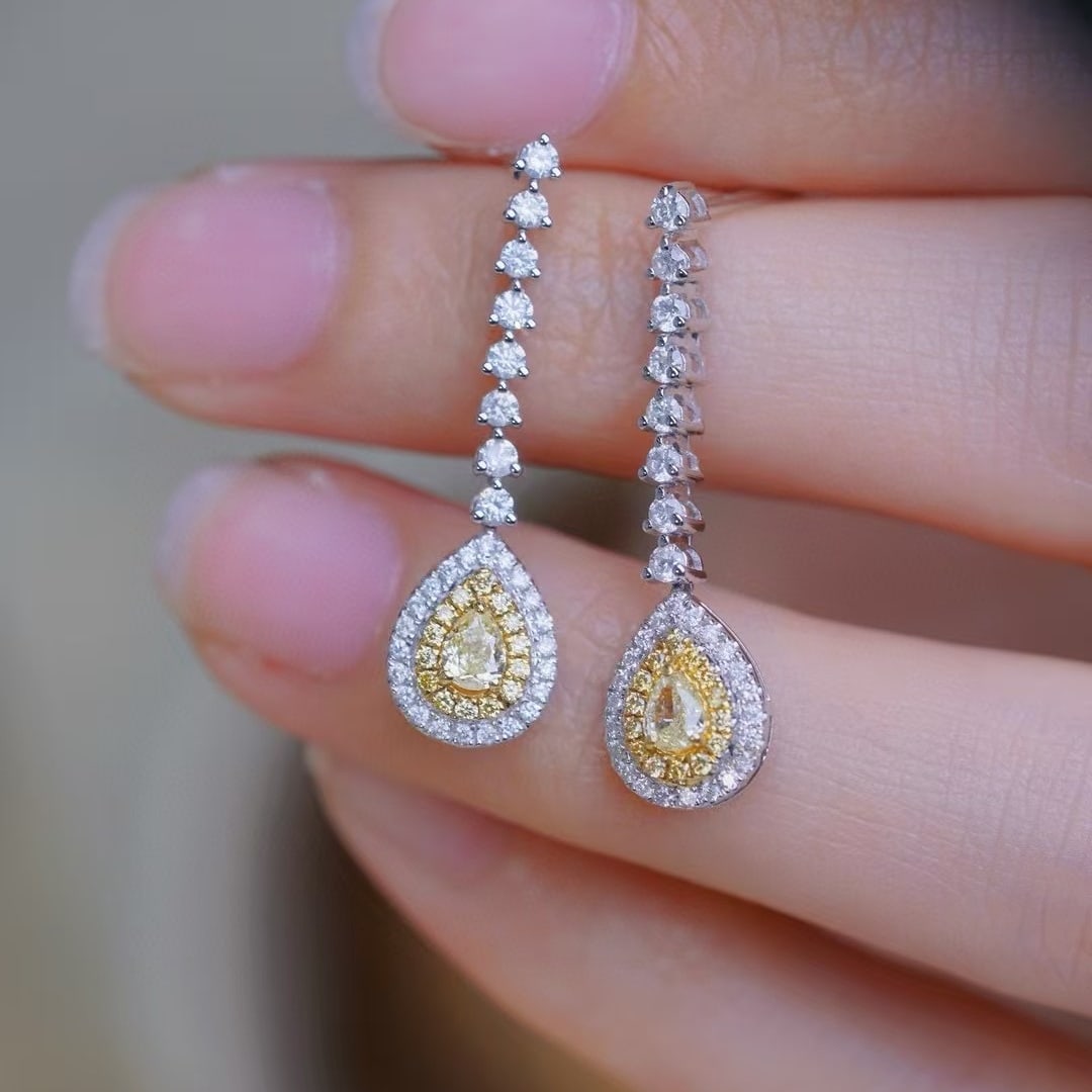 14k Gold 1.00 Ctw Natural Yellow Diamond & Diamond Earrings - 2