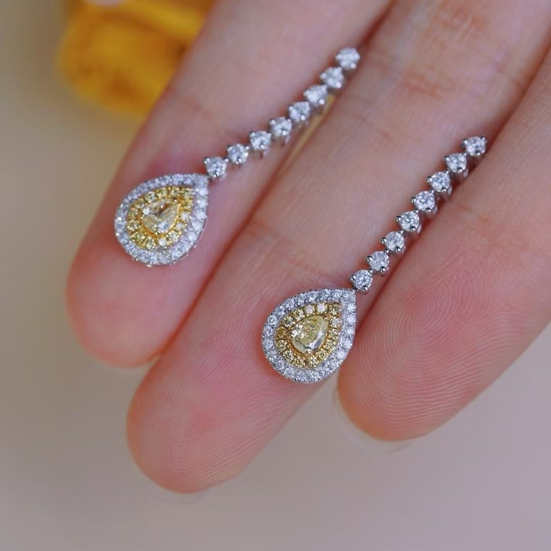 14k Gold 1.00 Ctw Natural Yellow Diamond & Diamond Earrings - 3