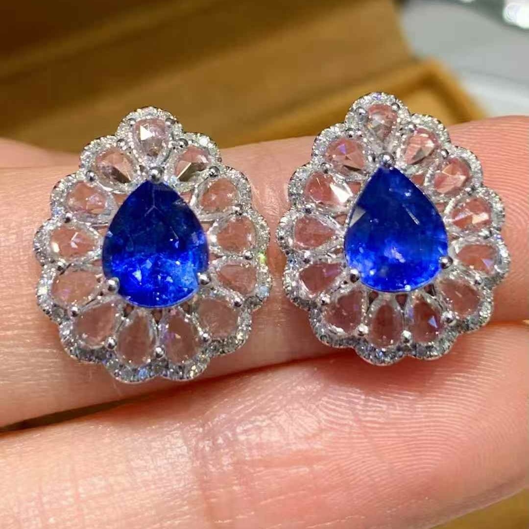 14k Gold 2.7 Ct Natural Sapphire & Diamond & Sapphire Earrings - 2