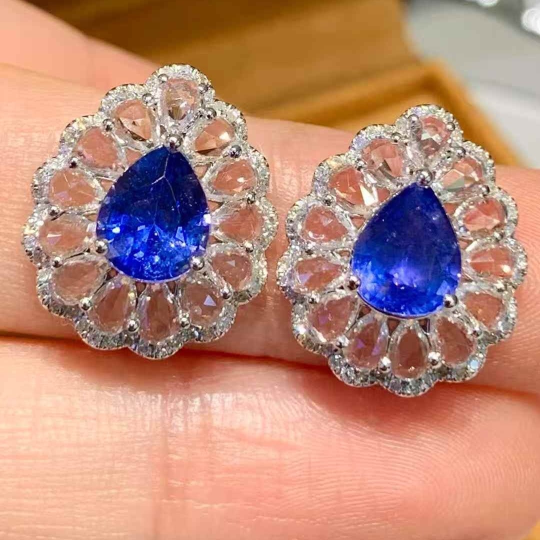 14k Gold 2.7 Ct Natural Sapphire & Diamond & Sapphire Earrings - 5