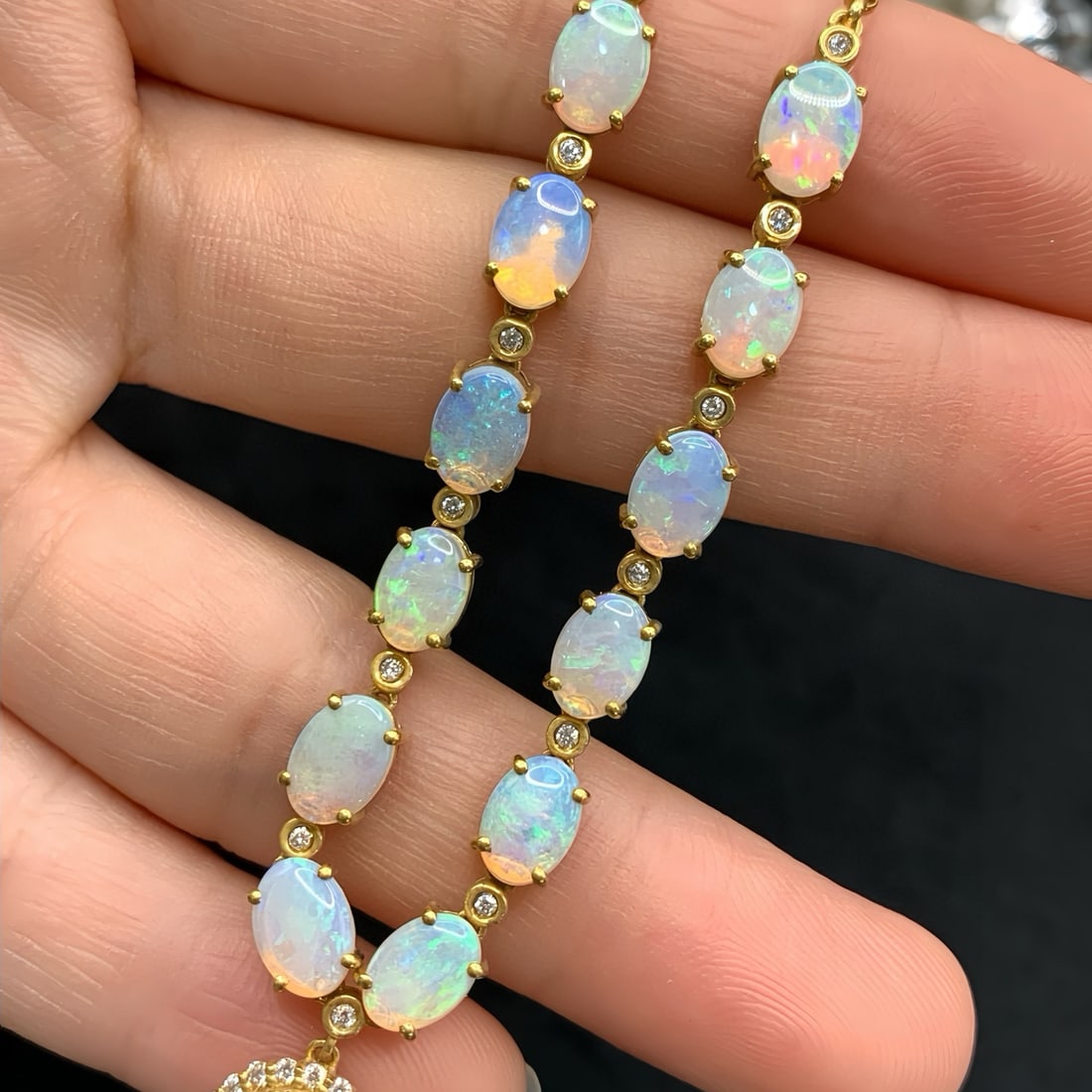 14k Gold 5.78 Ctw Natural Opal & Diamond Necklace - 2