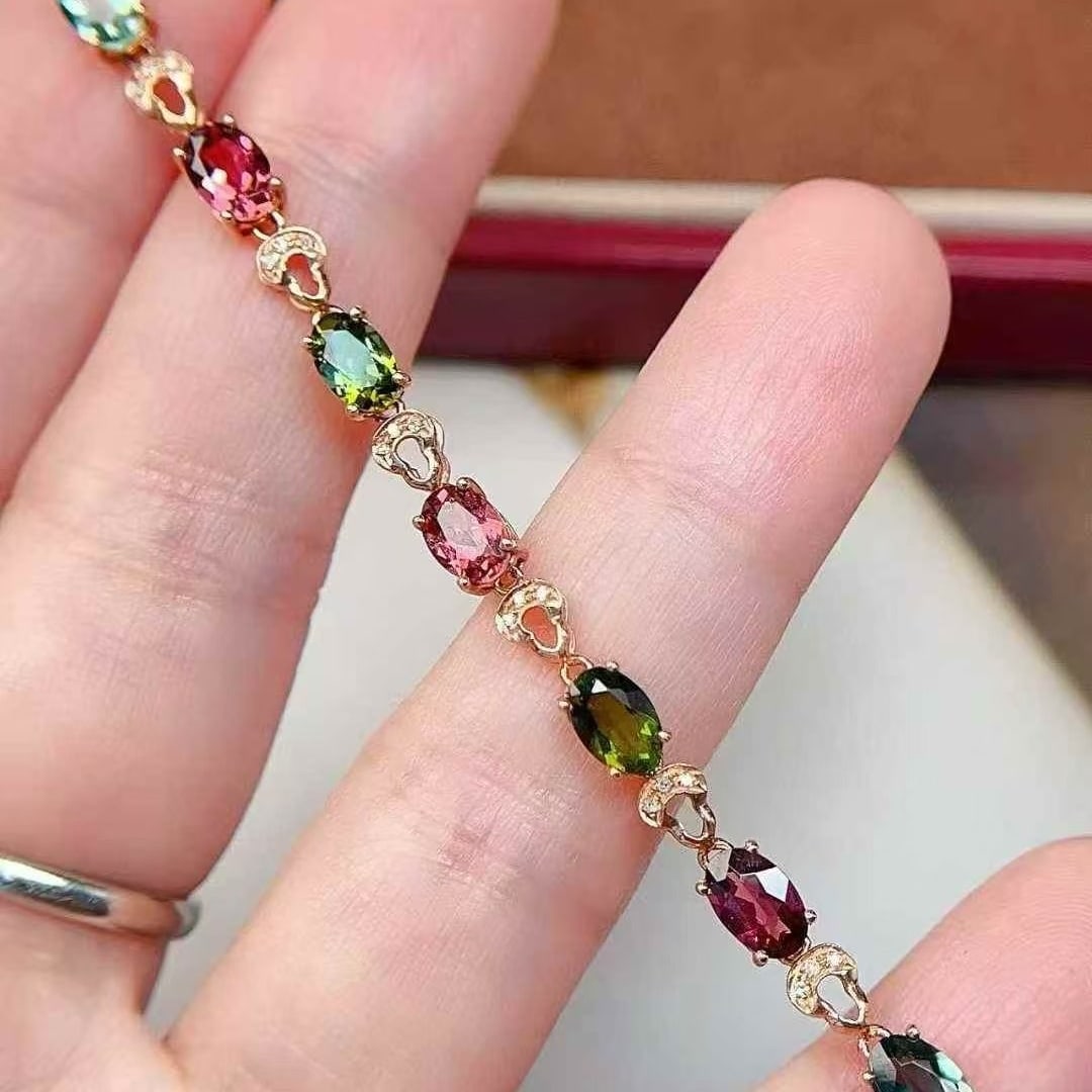 14k Gold 3 Ct Natural Tourmaline & Diamond Bracelet - 2