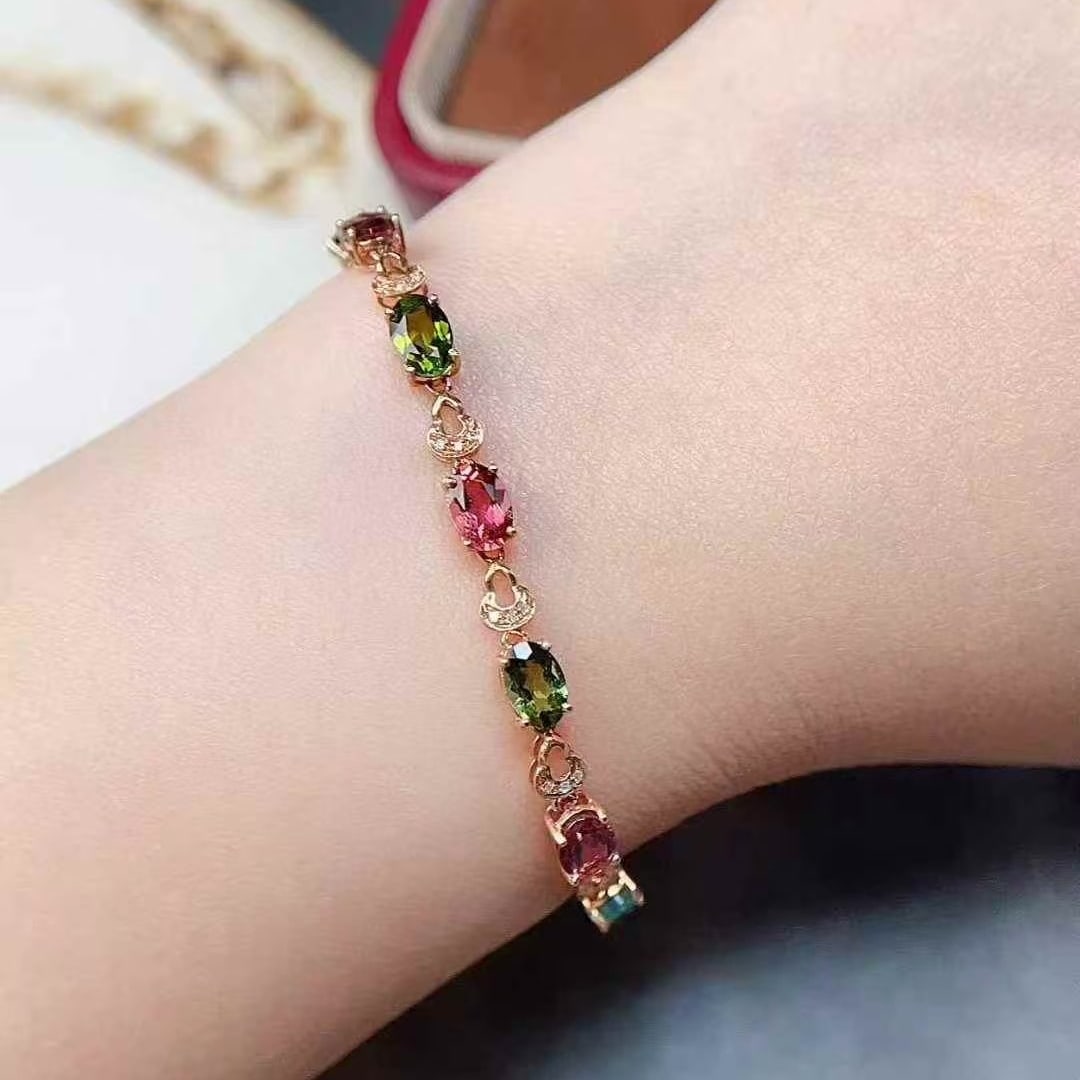 14k Gold 3 Ct Natural Tourmaline & Diamond Bracelet - 3
