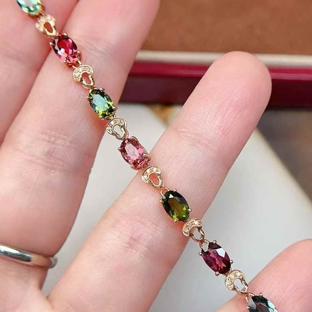 14k Gold 3 Ct Natural Tourmaline & Diamond Bracelet - 4
