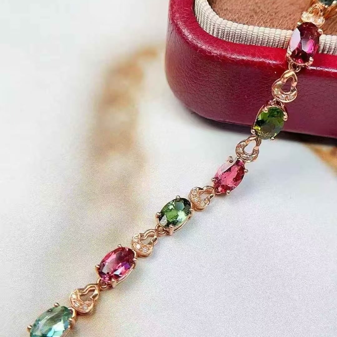 14k Gold 3 Ct Natural Tourmaline & Diamond Bracelet - 6