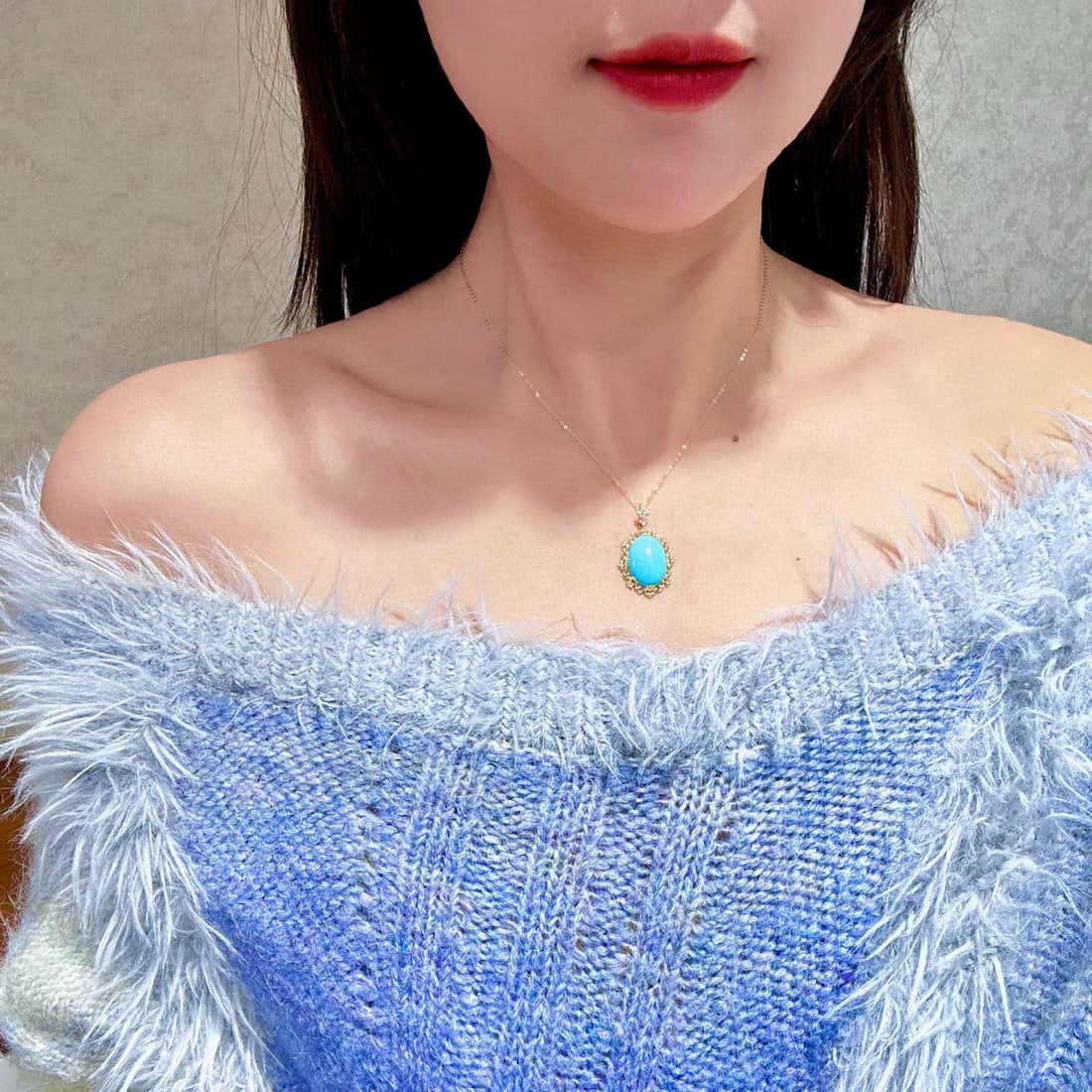 14k Gold 6.29 Ctw Natural Blue Turquoise & Diamond Pendant( Without Chain ) - 4