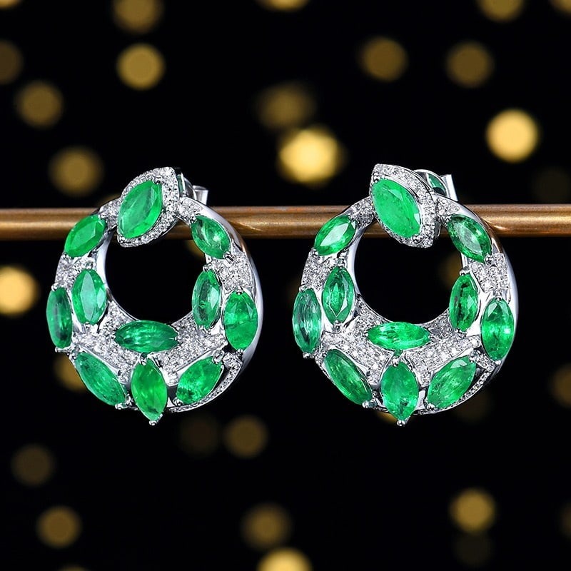 14k Gold 5.65 Ctw Natural Emerald & Diamond Earrings - 2