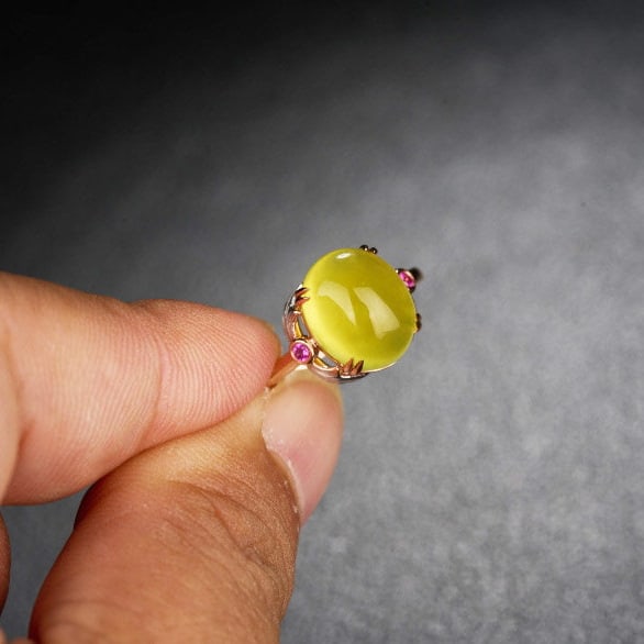 14k Gold 5.42 Ct Natural Prehnite & Ruby Ring - 7